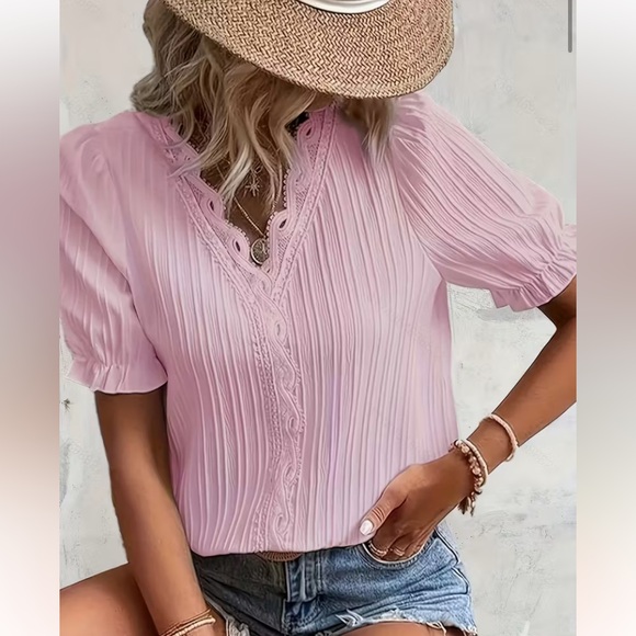 Tops - Pink Lace Trim Blouse -New